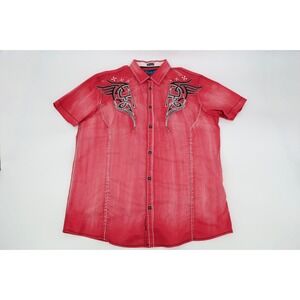 Y2K ROAR Signature Men's XL Shirt Embroidered Red Button Up‎ Front Short Sleeve